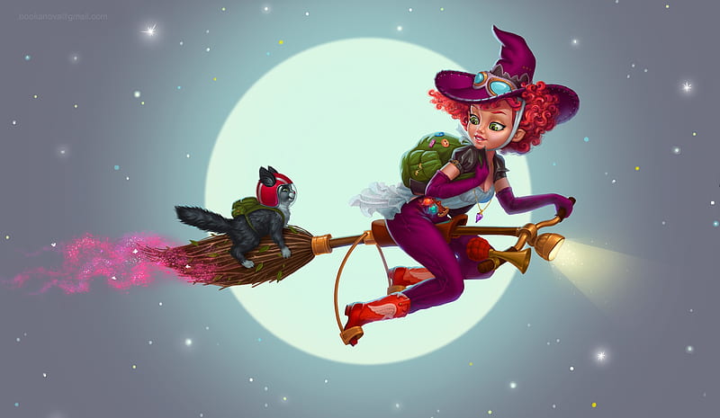Witch, hat, brom, luminos, moon, halloween, svetlana bukanova, cat, fantasy, moon, girl, flying, pisici, night, HD wallpaper