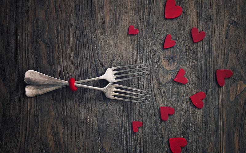 Valentines Day, heart, fork, romantic dinner, HD wallpaper