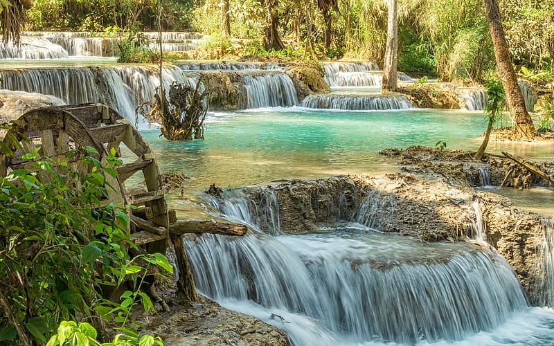 Kuang Si Waterfalls, Laos, waterfall, nature, laos, waterwheel, HD wallpaper