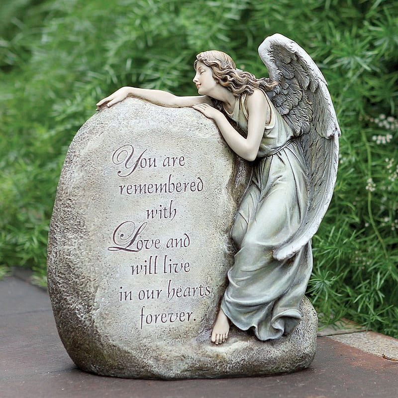 Angel, wings, remember, stone, statue, word, card, HD wallpaper