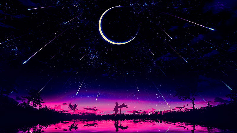 Anime, Original, Moon, Night, Sky, HD wallpaper