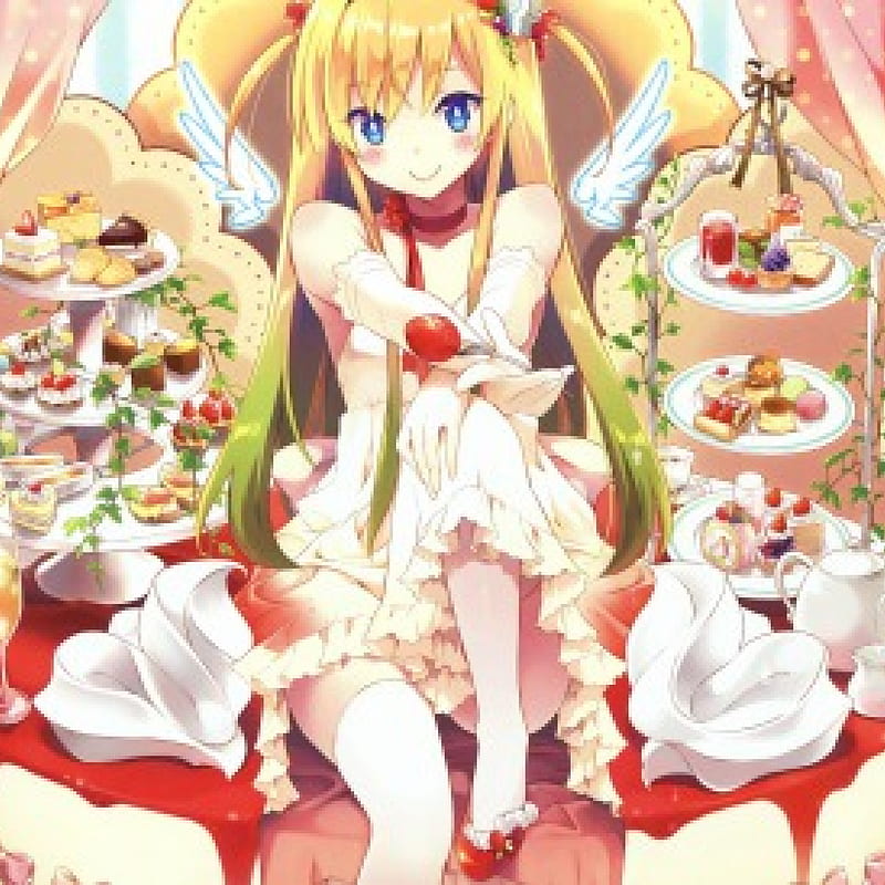 Yummy Foods, cake, cg, blush, adorable, wing, cupcake, fruit, fantasy, yummy, anime, beauty, anime girl, jelly, pie, long hair, choco, wings, food, twintail, gown, blonde, cute, jam, awesome, blushing, great, pudding, dress, blond, strawberry, bonito, twin tail, cookie, good, female, delicious, angel, spendid, blonde hair, twintails, twin tails, blond hair, kawaii, girl, cocolate, cream, HD wallpaper