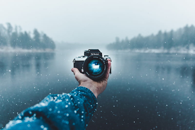 camera, hand, snow, lens, HD wallpaper