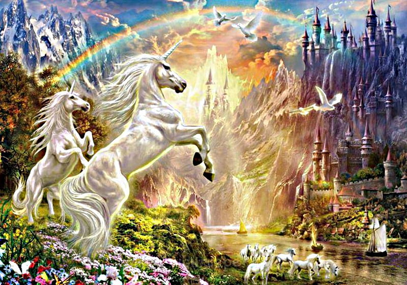 Unicorns, rainbow, doves, valley, mountains, HD wallpaper