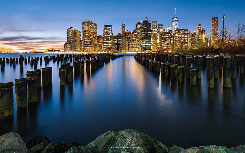 Manhattan, morning, reflections, cityscape, USA, America, HD wallpaper