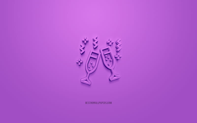 Champagne 3d icon, purple background, 3d symbols, Champagne, creative 3d art, 3d icons, Champagne sign, Holidays 3d icons, HD wallpaper