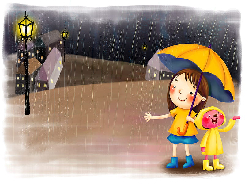 Día lluvioso, arte, lluvia, dibujos animados, amigos, Fondo de pantalla HD  | Peakpx
