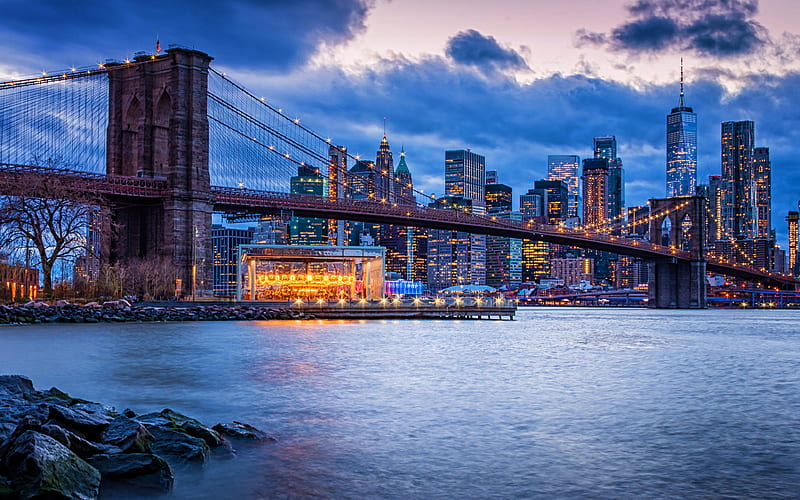 Brooklyn Bridge, sunset, New York City, NYC, evening, Brooklyn, skyscrapers, World Trade Center 1, cityscapes, New York skyline, USA, New York, HD wallpaper