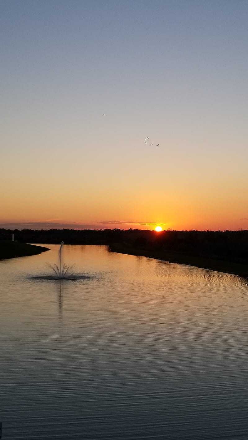Stunning Sunset, beautiful sunset, birds, fountain, graphy, sun, water, HD phone wallpaper