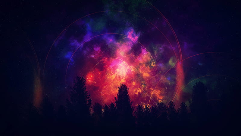 red nebula, night, sky, trees, forest, circles, Fantasy, HD wallpaper