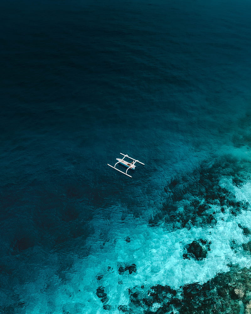 boat, aerial view, sea, stones, water, HD phone wallpaper