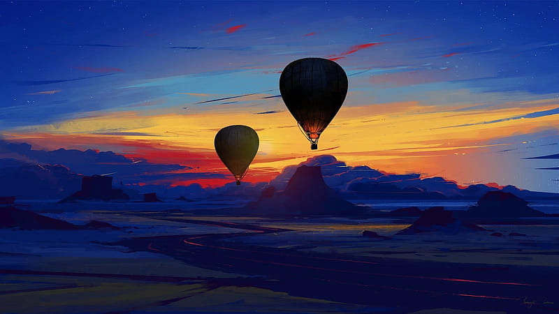 Explore the World, digital painting, mountains, hot air balloons, scenery, sky, clouds, stars, sun, 2d, landscape, HD wallpaper