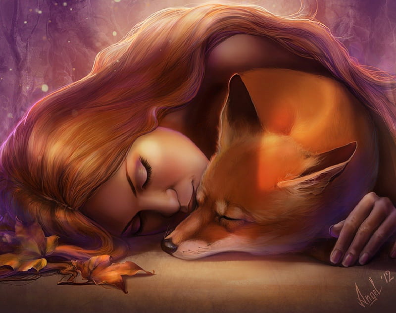 Sleeping foxy girl, fantasy, fox, redhead, girl, HD wallpaper