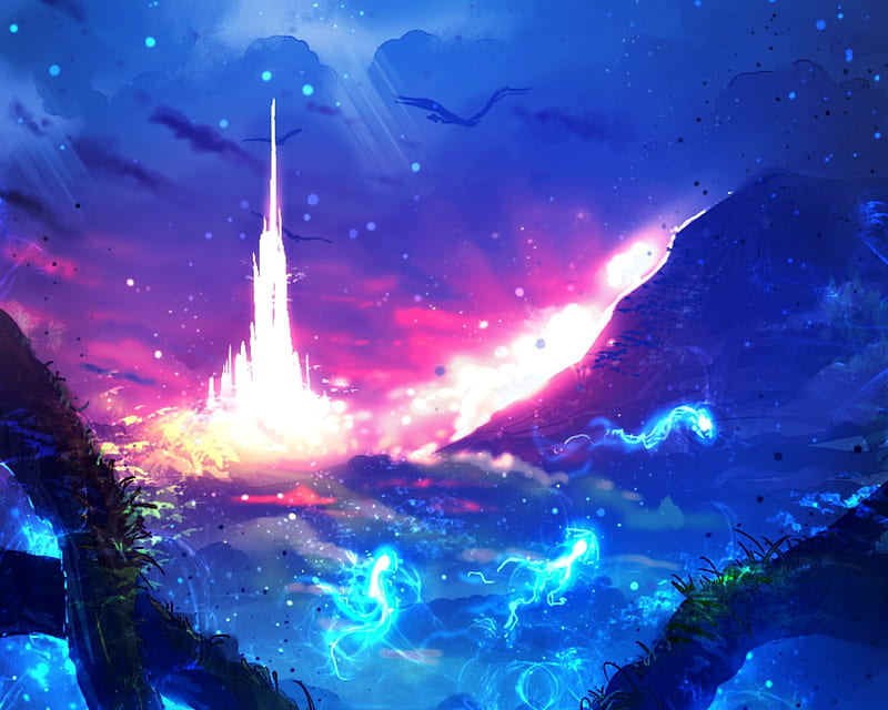 Fantasy land, luminos, ryky, manga, dragon, fantasy, anime, castle, pink, blue, HD wallpaper