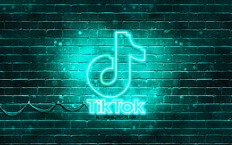 TikTok turquoise logo turquoise brickwall, TikTok logo, social networks, TikTok neon logo, TikTok, HD wallpaper