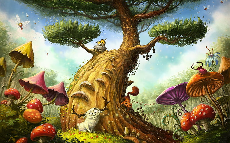 Fantasy, Forest, Mushroom, Tree, HD wallpaper