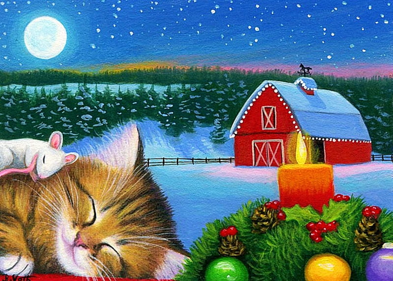 Not A Creature Was Stirring, candle, ornaments, christmas, artwork, barn, winter, snow, painting, peaceful, kitten, HD wallpaper