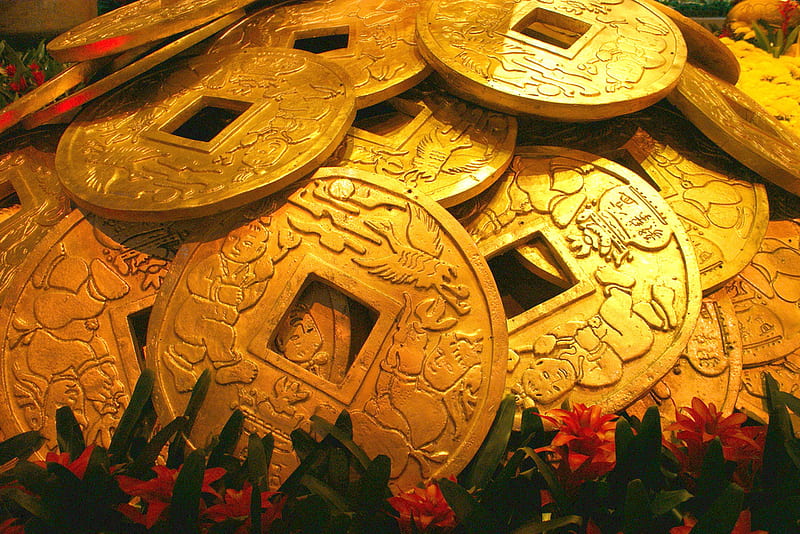 I-Ching, gold, good luck, lucky coins, charms, HD wallpaper