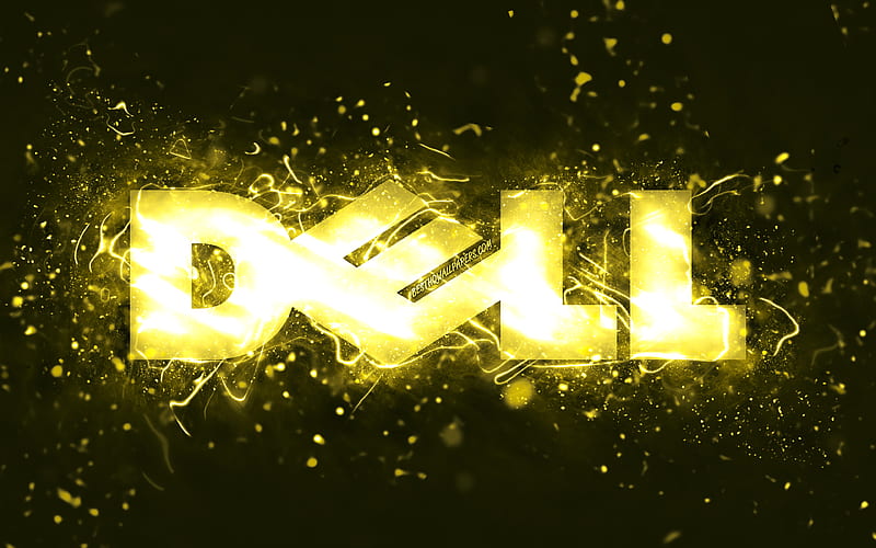 Dell yellow logo yellow neon lights, creative, yellow abstract background, Dell logo, brands, Dell, HD wallpaper