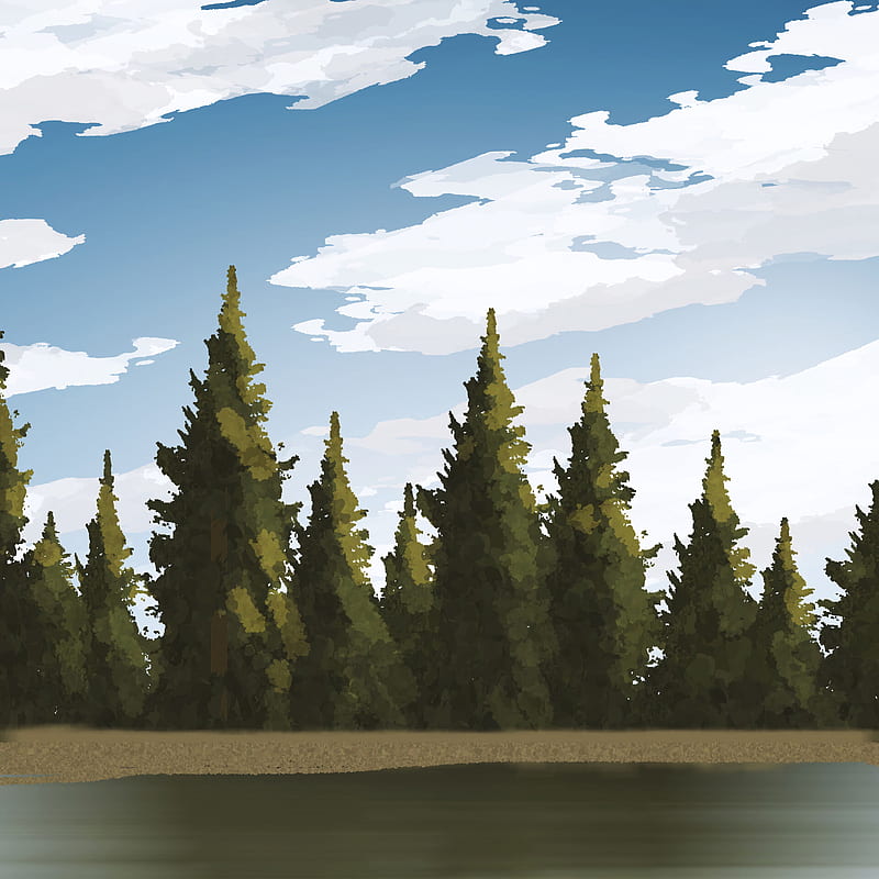 spruce, trees, forest, lake, art, HD phone wallpaper