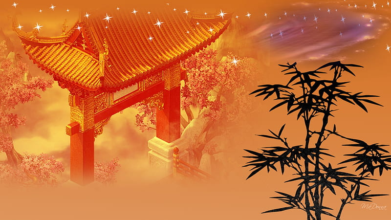 Maginificent Orient, sakura, tangerine, orange, transparent, orient, firefox persona, abstract, bamboo, pagoda, HD wallpaper