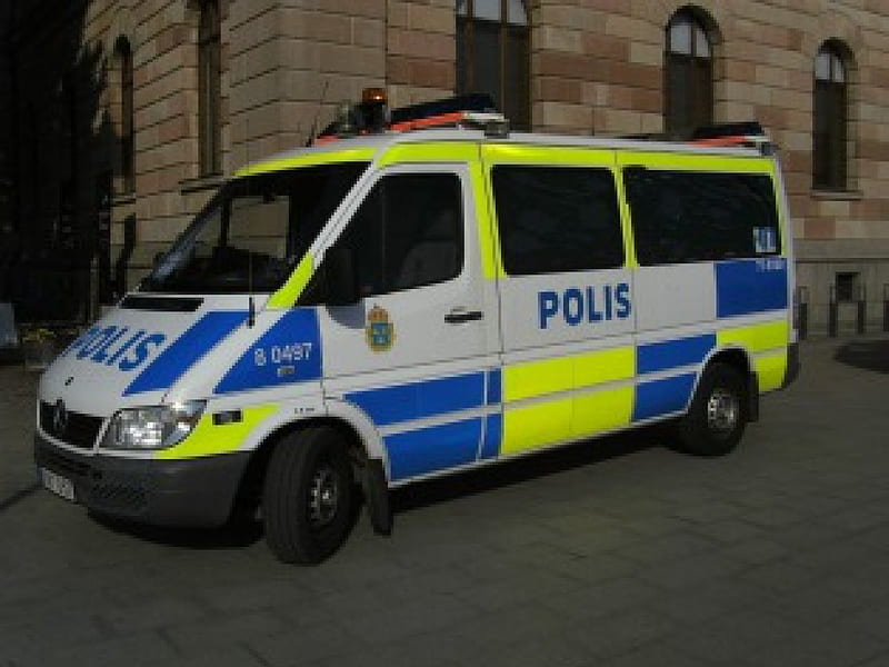 Swedish police bus, White, Yellow, Blue, Stockholm, HD wallpaper