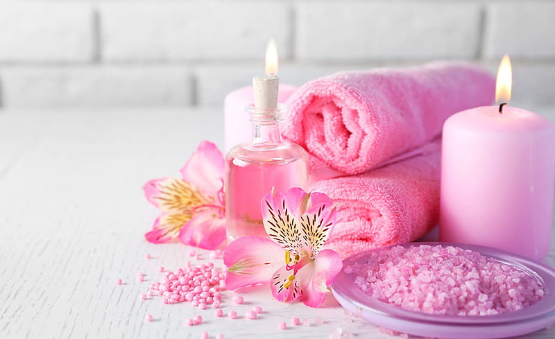 Spa - set, Pink, Towel, Flower, Candle, Oil, HD wallpaper