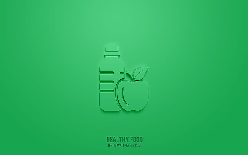 Healthy food 3d icon, green background, 3d symbols, Healthy food, creative 3d art, 3d icons, Healthy food sign, Weight loss 3d icons, HD wallpaper