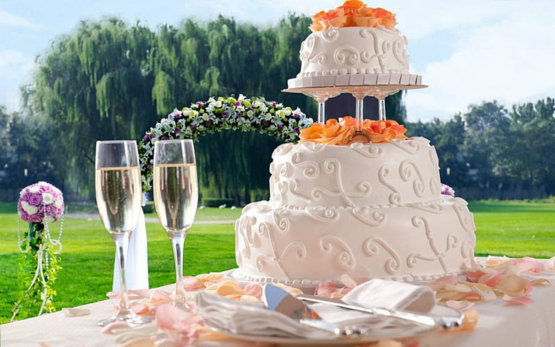Wedding Cake, cake, glass, food, wine, wedding, HD wallpaper