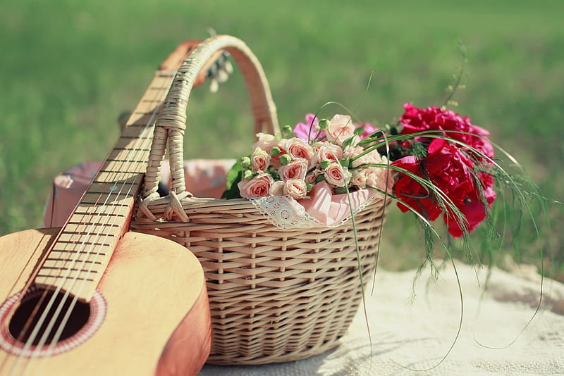 Sweet Summer Music, guitar, grass, basket, music, cloth, wicker, flowers, HD wallpaper