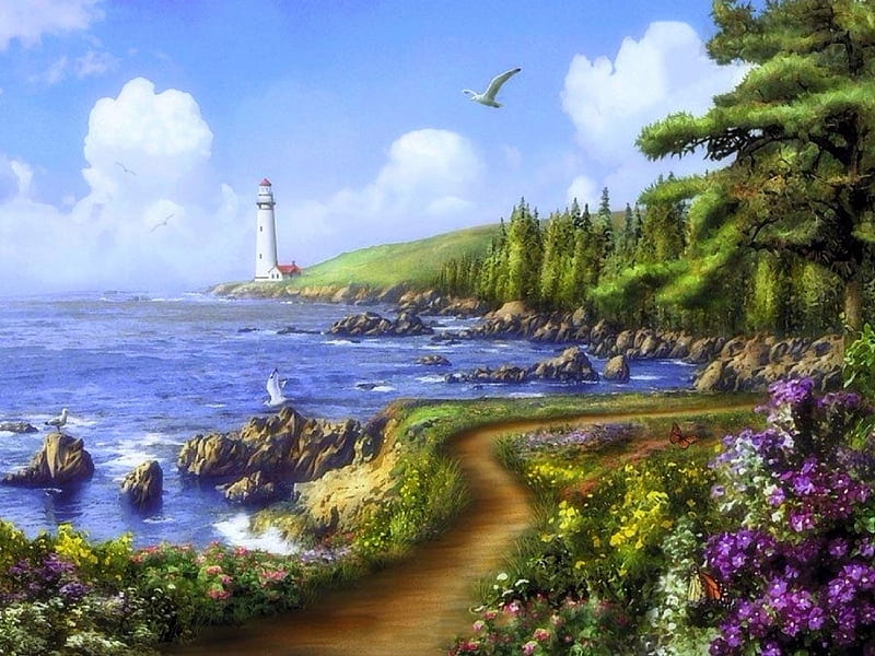 Destiny Point, oceans, love four seasons, attractions in dreams, sky, seagulls, clouds, parks, walkway, paradise, lighthouses, summer, flowers, nature, butterfly designs, HD wallpaper
