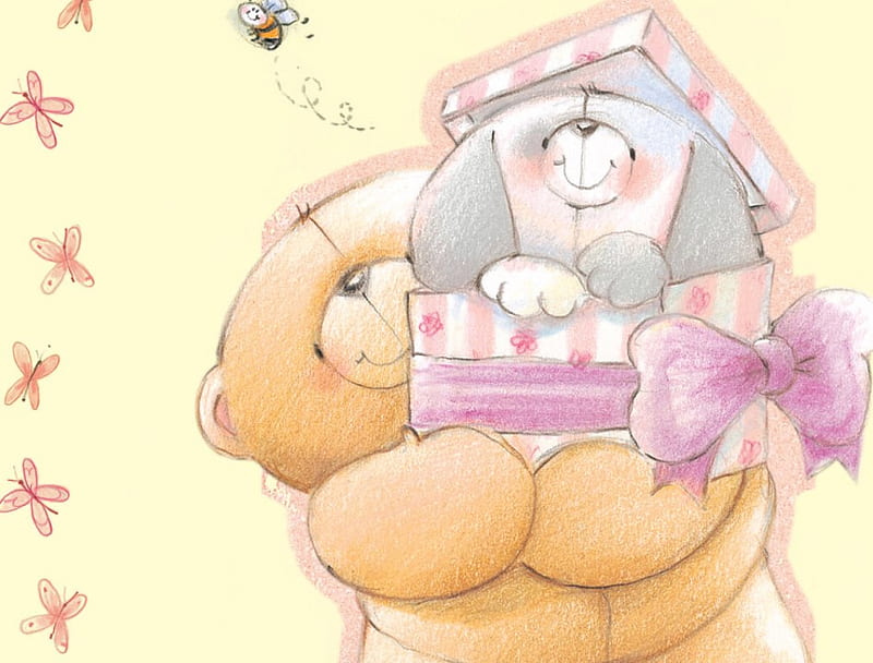 Teddy Bear's Gift, bee, present, teddy bear, dog, HD wallpaper
