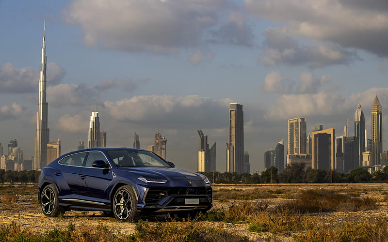 Lamborghini Urus, 2019, sports crossover, sports car, new blue Urus, Dubai, Burj Khalifa, skyscrapers, UAE, HD wallpaper