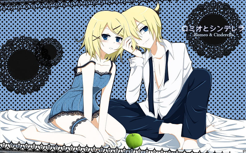 Romeo & Cinderella, green apple, vocaloid, anime, white sheets, blonde, blue eyes, rin and len kagamine, HD wallpaper