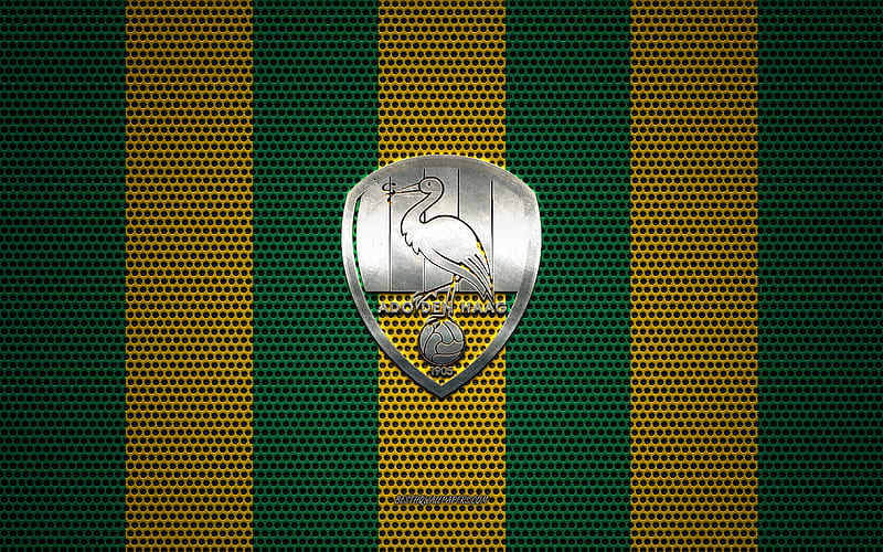 ADO Den Haag logo, Dutch football club, metal emblem, green yellow metal mesh background, ADO Den Haag, Eredivisie, The Hague, Netherlands, football, HD wallpaper