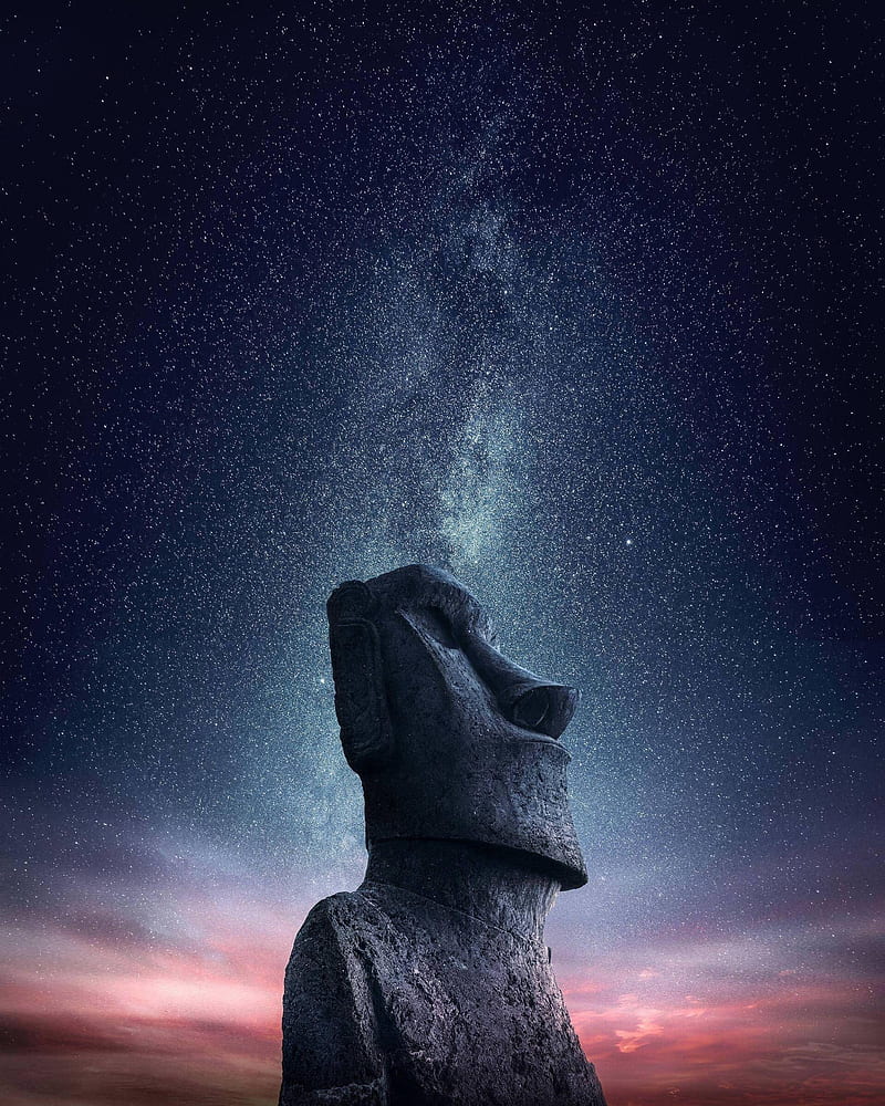 Moai, stone, statue, stars, starred sky, night, galaxy, sky, Easter Island, Milky Way, clouds, World Heritage Site, starry night, Chile, HD phone wallpaper