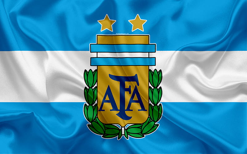 Argentina national football team, logo, emblem, flag of Argentina, football federation, World Championship, football, silk texture, HD wallpaper
