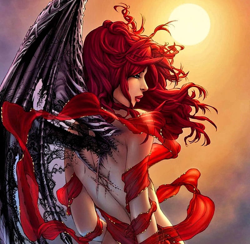Чертовка арт. Рыжеволосый демон девушка. Рыжая девушка и демон. Демонесса с рыжими волосами. Ангел с рыжими волосами.