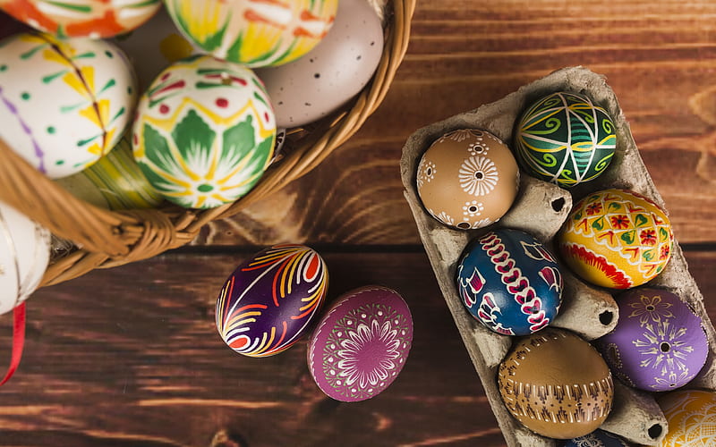 Easter, egg tray, painted Easter eggs, spring, Easter basket, HD wallpaper
