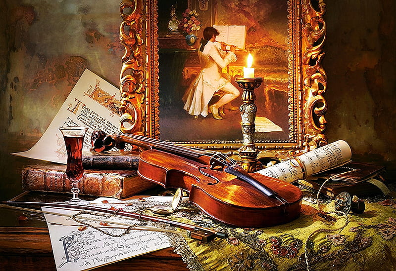 Still Life, violin, wine, candle, glass, book, painting, HD wallpaper
