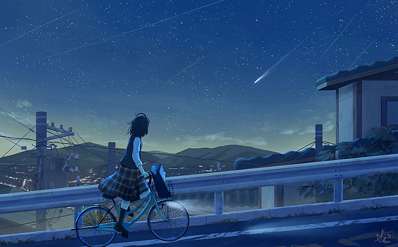 Anime, Original, Bike, Girl, Sky, Starry Sky, HD wallpaper
