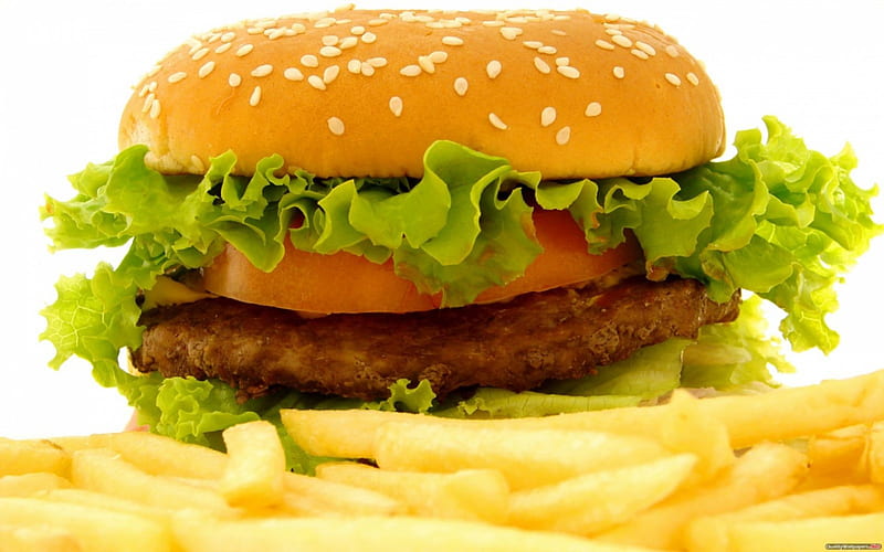 chicken burger, fries, chicken, burger, lettuce, HD wallpaper