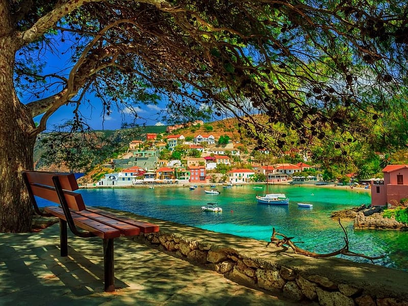 Ionian Island, termeszet, jon sziget, novenyzet, fak, hazak, hegyek, hajok, park, HD wallpaper