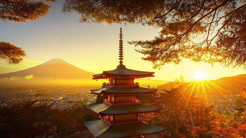 Chureito Pagoda, japanese, sunset, japan, pagoda, shrine, temple, nature, scenery, fuji, HD wallpaper
