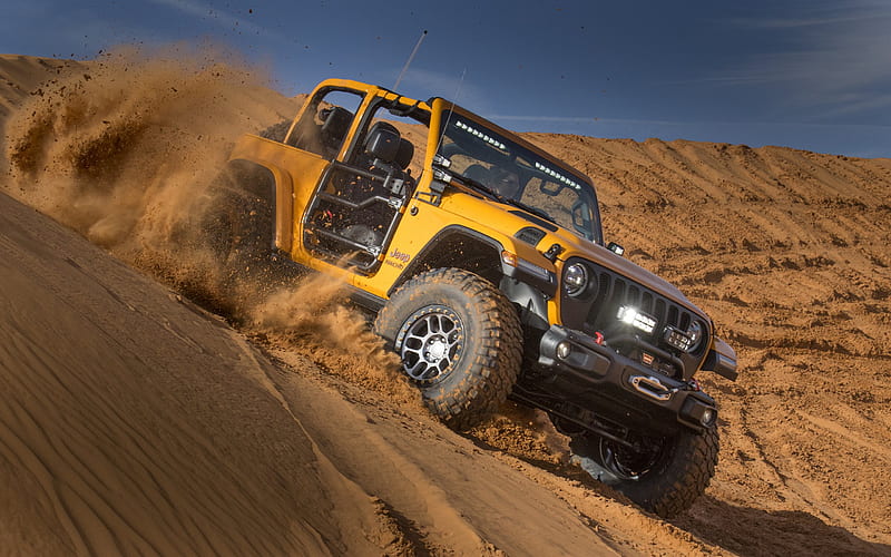 Jeep Wrangler, Nacho Concept, 2018, front view, orange SUV, tuning Wrangler, desert, Sahara, dunes, Jeep, HD wallpaper