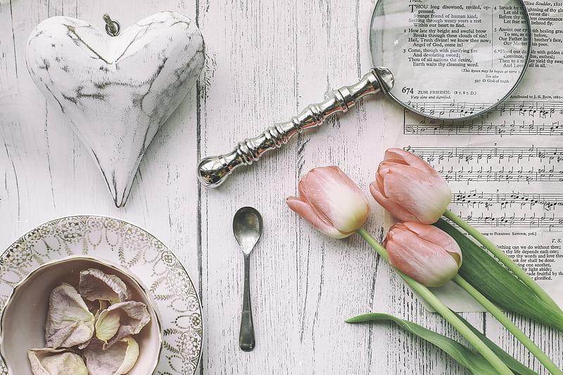 graphy, Vintage, Heart, Magnifying Glass, Sheet Music, Spoon, Tulip, HD wallpaper