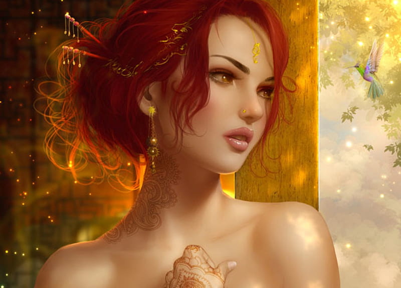 Maya, fantasy, luminos, su ra, redhead, girl, yellow, face, shura, HD wallpaper