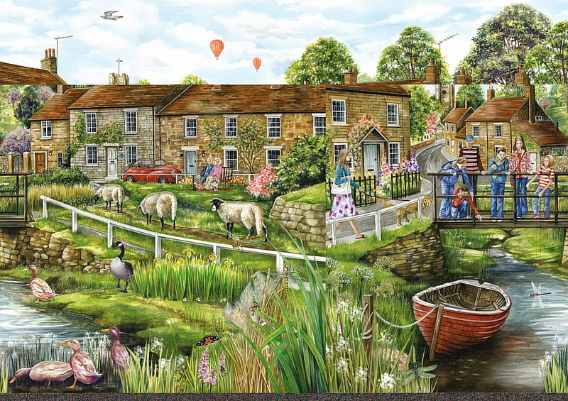 Village Life, river, fence, houses, trees, artwork, sheep, boat, bridge, balloons, people, painting, HD wallpaper