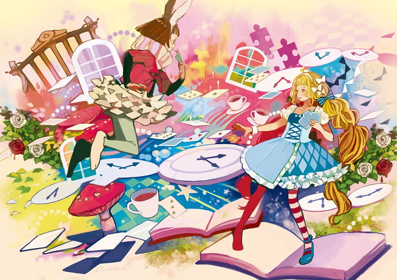 ~Alice In Wonderland~, colorful, rabbit, clocks, fairy tale, alice, books, wonderland, tea cups, roses, windows, fantasy, cards, anime, mushrooms, classic, HD wallpaper