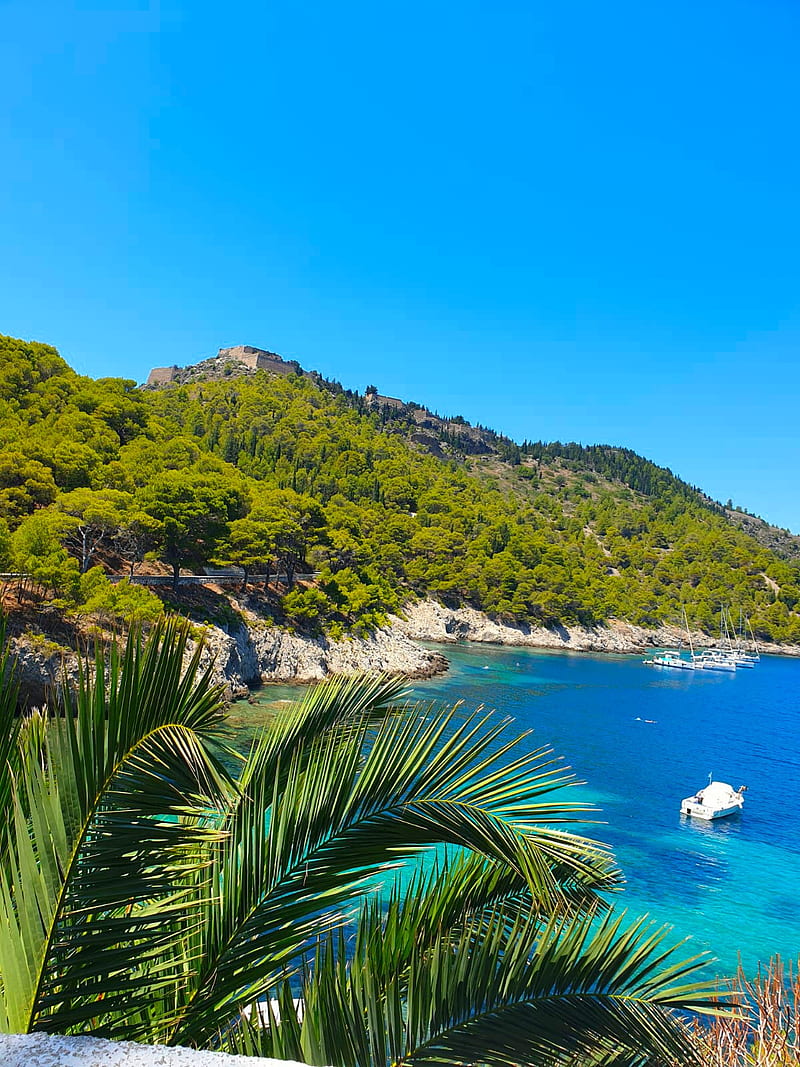 Greece, bonito, blue, green, kefalonia, mountain, sea, HD phone wallpaper